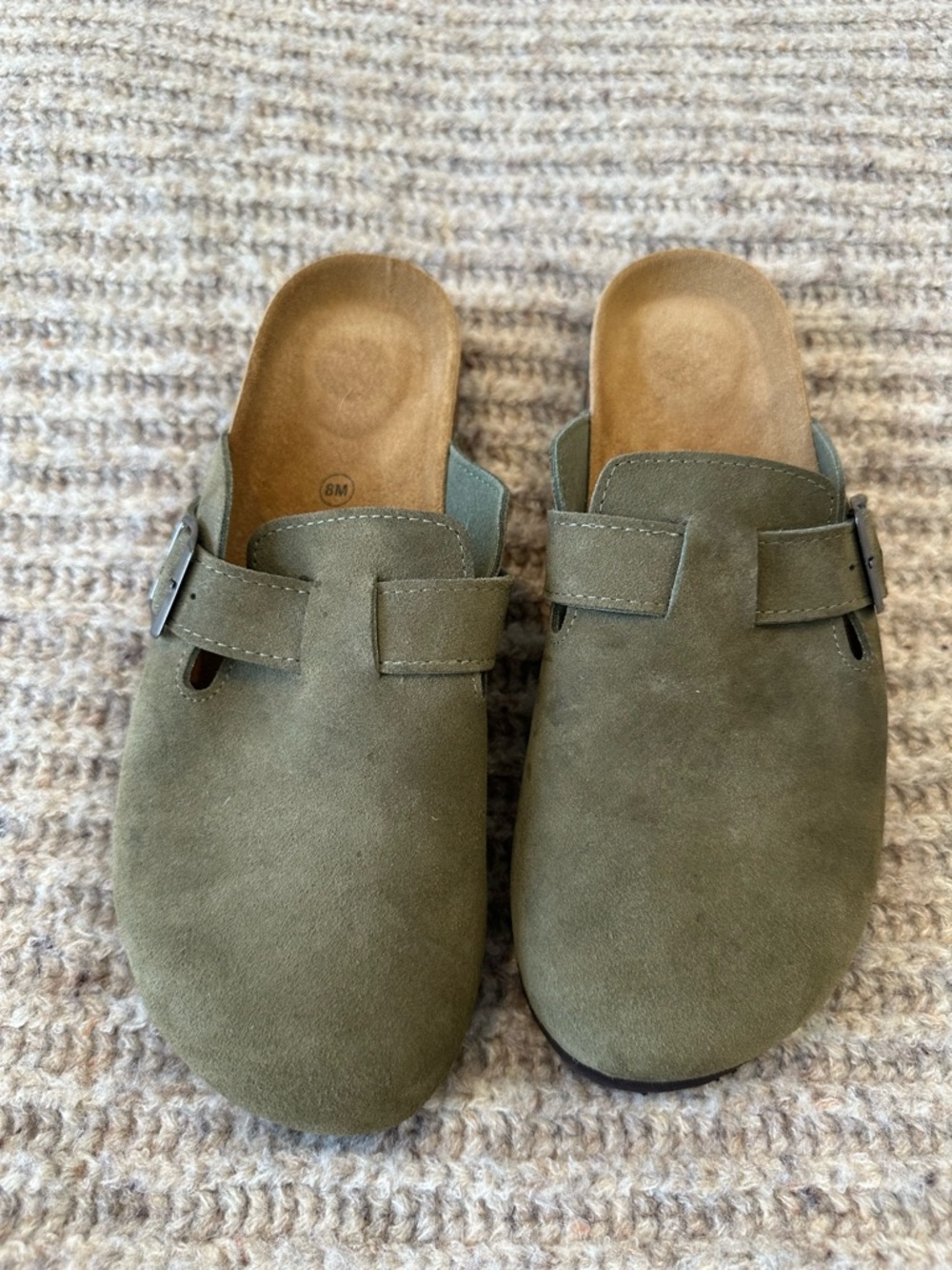 Men’s Size 8 women’s size 9 cloudwalkers Olive Green Suede Slip-On Buckle Mules
